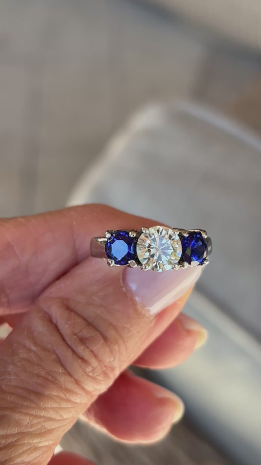 Moissanite Diamond & Sapphire Trio 14K White Gold Ring