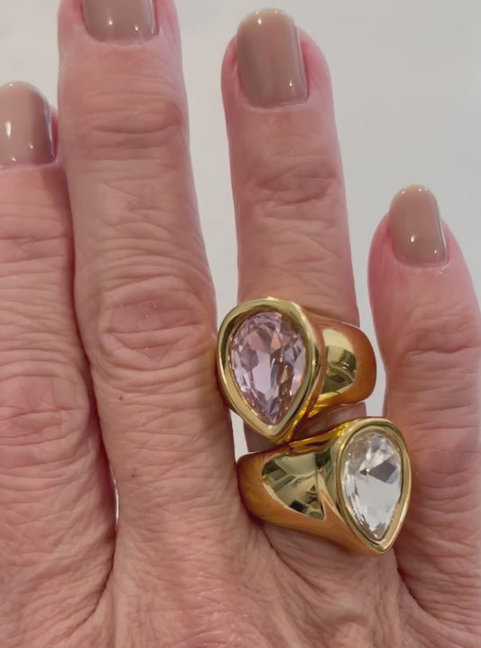 Pear Shaped Pink Crystal Statement Ring - gold plated